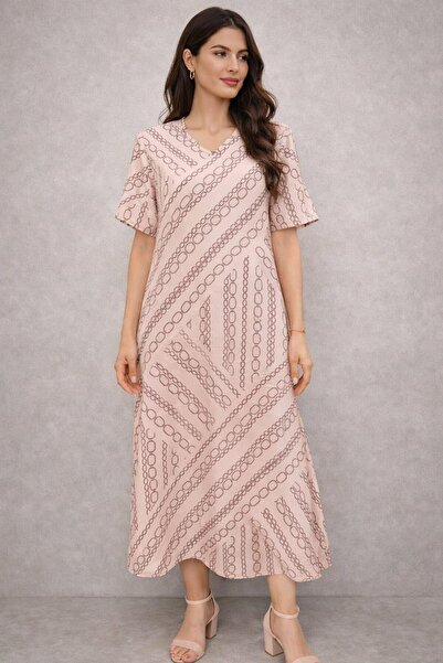 Nuevo فستان نسائي طويل بأكمام قصيرة ورقبة على شكل حرف V وسلسلة بلون نيود تون ...