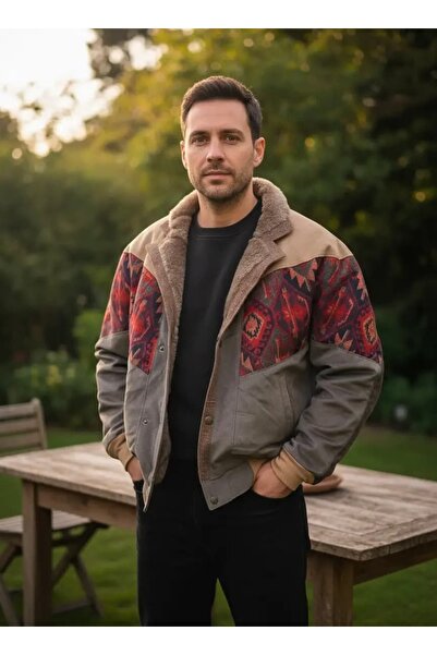 CANMODA (7877) Recien Unisex Fur-Trimmed Yaka Vintage Aztek Jacket Oversized ...