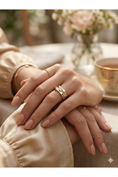 ESRADA 3S Geometric Radiance: Stone-Embellished Gold Steel Design Ring