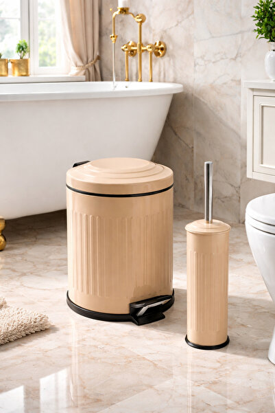 Eforeca Vintage 2 li Çöp Kovası Banyo Seti Çizgili Cappucino