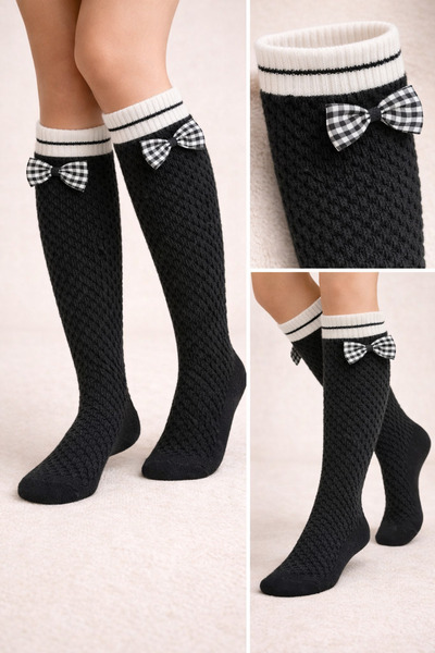 Katia&Bony Черни чорапи до коляното за момичета с аксесоар с тартанова панделка