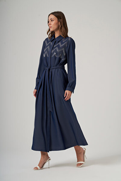 Nuss Buttoned Front Sequin Embroidery Detail Belted Long Dress 2034 Denim
