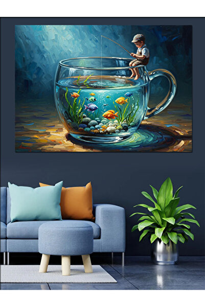 Tablo Mega Fincan İçinde Oturan Küçük Çocuk Dekoratif Kanvas - Mdf Ahşap Tablo