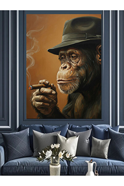 Tablo Mega Sigara İçen Entelektüel Maymun Portresi Dekoratif Kanvas - Mdf Ahş...