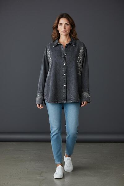 Empaty سترة جينز نسائية مطرزة بالتطريز