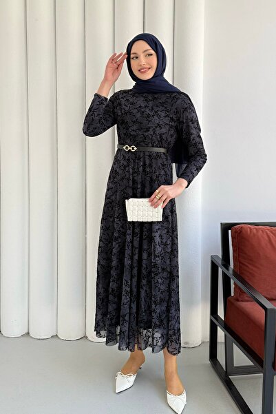 Modaensarbutik Astarlı Flok Baskılı Tesettür Elbise-LACİVERT