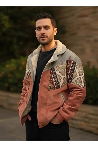 CANMODA (7876) Recien Unisex Fur-Trimmed Yaka Vintage Aztek Jacket Oversized ...