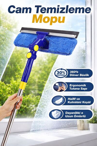 MEMİTA Cam Temizleme Mopu 1,5 Metre Uzayan Saplı Çift Gövde Mikrofiber Cam Si...