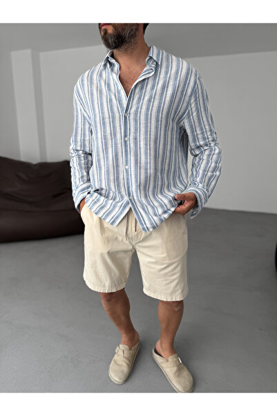 BYBASICMAN Svetloplava Prugasto Pamuk Lan Košulja TW-1221