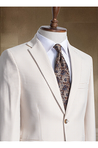 Sergio Ferraro Light Beige Houndstooth Pocket Italian Style S Slim Fit Classic Men's Blazer Jacket