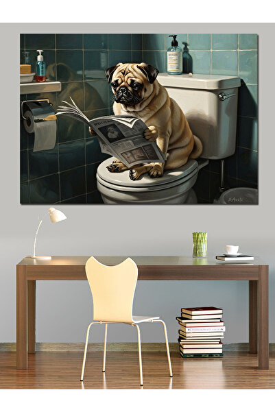 Artmeg Câine Pug Amuzant Citind Ziarele - Pânză Decorativă - Tablou din Lemn MDF