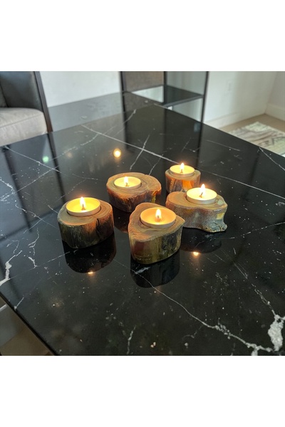 Home4U Doğal Zeytin Ağacı El Yapımı 5’li Ahşap Mumluk Seti – Vernikli Dekorat...