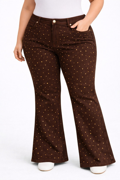 Desperado Jeans Taş Detaylı İspanyol Paça Kadın Acı Kahverengi Kot Pantolon