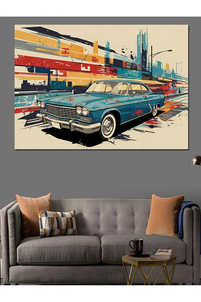 Artmeg Pânză decorativă retro clasică cu mașini și oraș - Tablou din lemn MDF