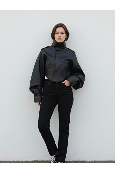 AL&SU BUTİK Γυναικείο δερμάτινο μπουφάν με φερμουάρ μπροστά και λεπτομέρειες ...