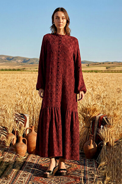 Nuss Guipure and Denim Detailed Long Dress 2026 Plum