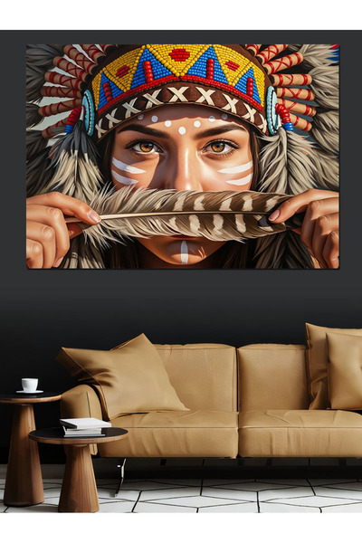 Artmeg Pânză decorativă cu femeie indigenă și pene de vultur - Tablou din lem...