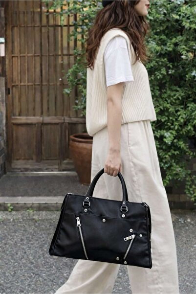 Yuka Atelier Dylan Zipper and Studded Detail Black Oversized Handbags and Sho...