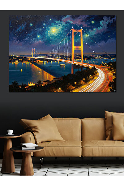 Artmeg Gece Işıklarıyla İstanbul Boğaz Köprüsü Dekoratif Kanvas - Mdf Ahşap T...