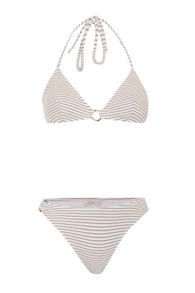 AQUELLA Mink Striped ecru triangle bikini with accessories