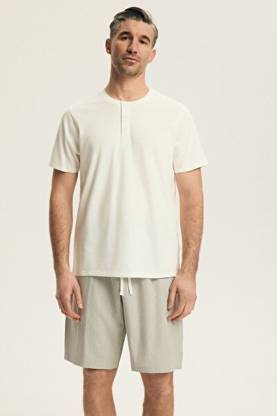 Henderson Men's Short Pajamas Set Striped Shorts & T-Shirt with Buttons 100% ...