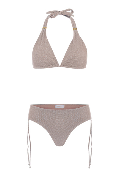 AQUELLA Set bikini triunghi lung din nurcă texturat cu sclipici argintiu