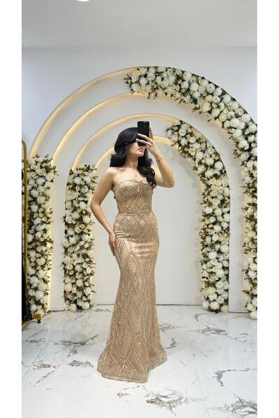 ABİYECİM ABİYE Abiye - Straplez sırt arka bağıcıklı sabit taş işleme balık El...