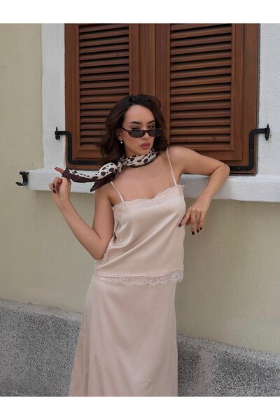 minaaise Lace Detailed Strappy Satin Stone Short Women's Blouse 31014