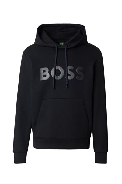 BOSS سويت شيرت رجالي ذو قصة عادية بغطاء رأس بشعار منقوش وأكمام طويلة باللون ا...