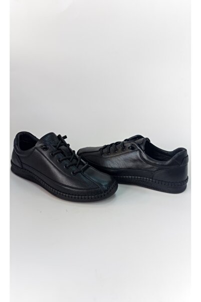 fikret bağcı Genuine Leather Men's Sneakers – PU Sole Rubber Laced Black Casu...