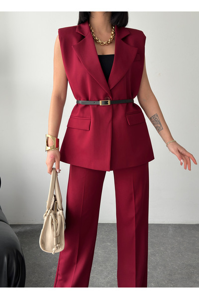 Bukamiss Plus Takım Gold Toka Kemerli Vatkalı Zarif Oversize Yelek ve Pantolo...