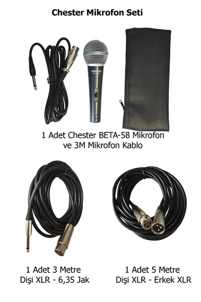 chester Profesyonel Mikrofon ve Uzatma Kablolu Set BETA 58S + 3m Jak Kablo + ...