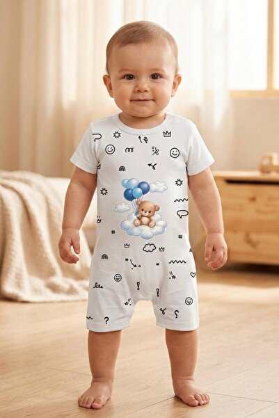 LUCEVERA Ayıcık Baskılı Unisex Bebek Tulum Pamuklu Yazlık Bebek Tulum 0-24 Ay