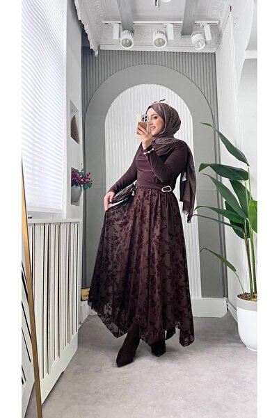 AL&SU BUTİK Γυναικεία μαύρη μακριά φούστα με σχέδιο γκουπέρ και κοψίματα καμπάνα