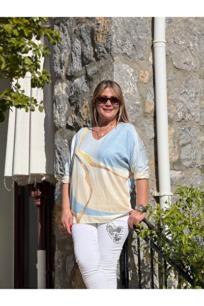 Punta Otantik Nc20665 V-Neck Italian Knitwear Blouse Blue