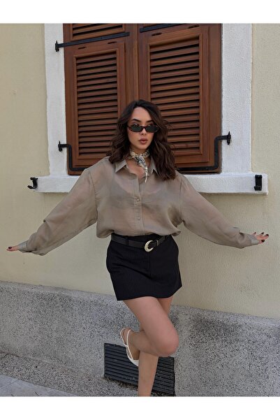 minaaise Oversized Sheer Striped Khaki Women's Shirt 31036