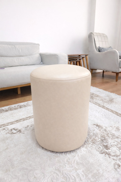 Azra Mobilya KREM Silindir Deri Puf 40x50 cm Dekoratif Oturma Pufu | Modern S...
