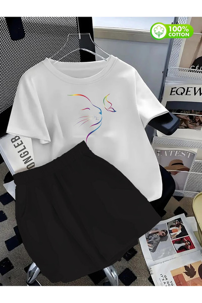 Flow touch Cat Printed Oversized shorts set