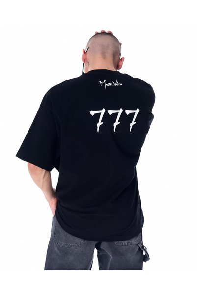 martin valen Men's "777" 3D Print Detailed Black Designer Oversized T-Shirt