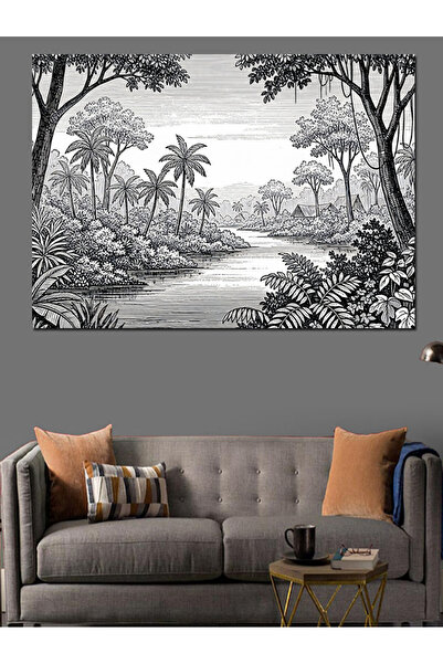 Artmeg Pânză decorativă cu peisaj de pădure tropicală alb-negru - Tablou din ...