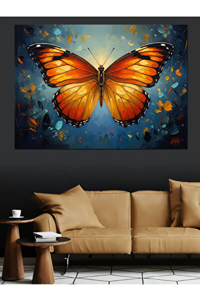 Artmeg Pânză decorativă cu fluture portocaliu pe fundal albastru - Masă din l...