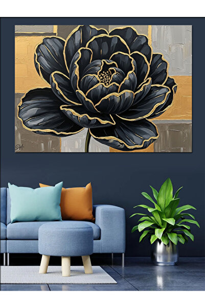 Artmeg Tablou decorativ cu trandafiri negri cu detalii aurii - Tablou din lem...