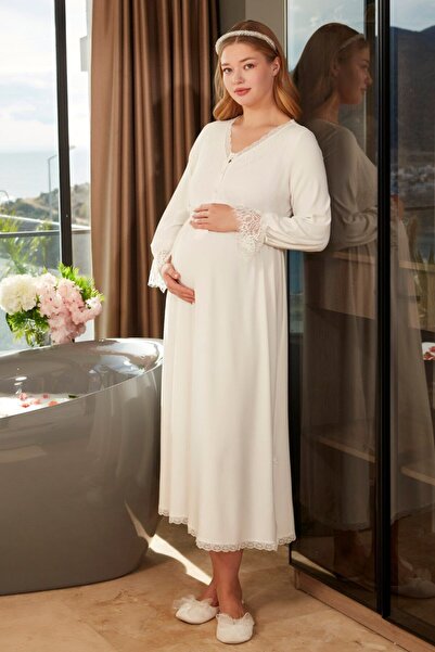 Cossy By Aqua Lace Detailed Long Sleeve Hijab Maternity Nightgown Cossybyaqua...