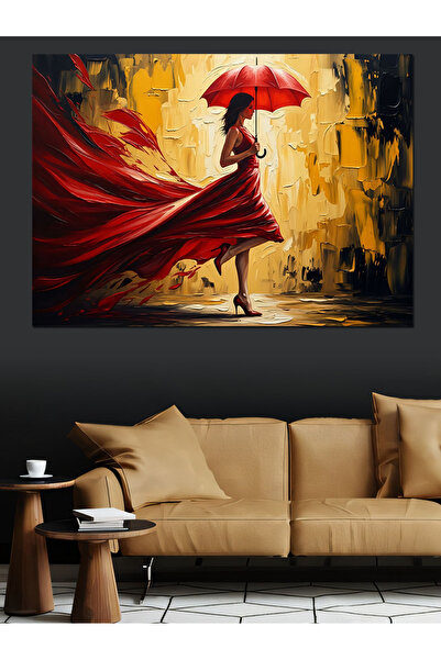 Artmeg Femeie în rochie roșie și cu umbrelă - Tablou decorativ din pânză - Le...