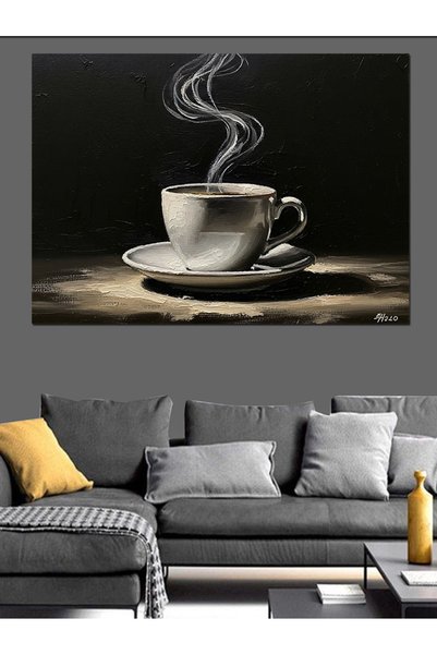 Artmeg Smoky Coffee Cup on Black Background Decorative Canvas - Mdf Wood Table