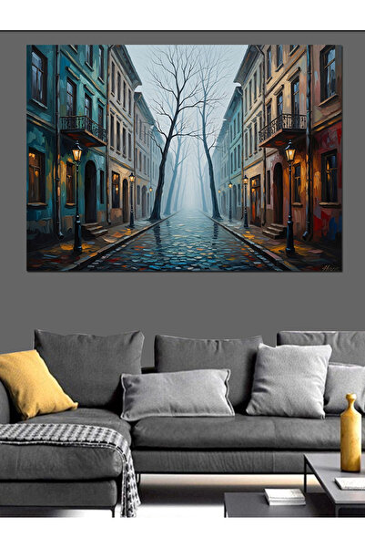 Artmeg Διακοσμητικός καμβάς Rainy Narrow Street City Lights - Ξύλινος πίνακας...