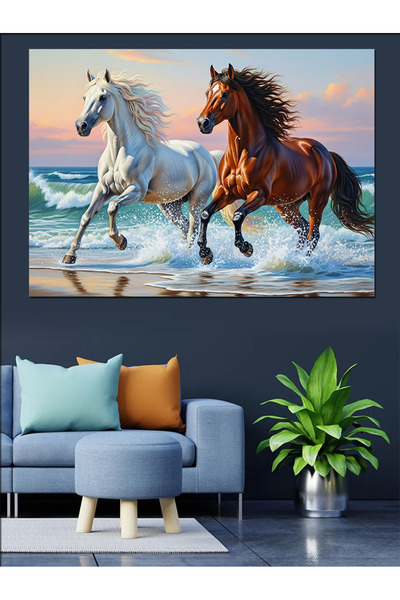 Artmeg Deniz Kenarında Koşan İki At Dekoratif Kanvas - Mdf Ahşap Tablo