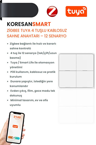 koresan Tuya Zigbee 4 Tuşlu Kablosuz Sahne Anahtarı – 12 Senaryo