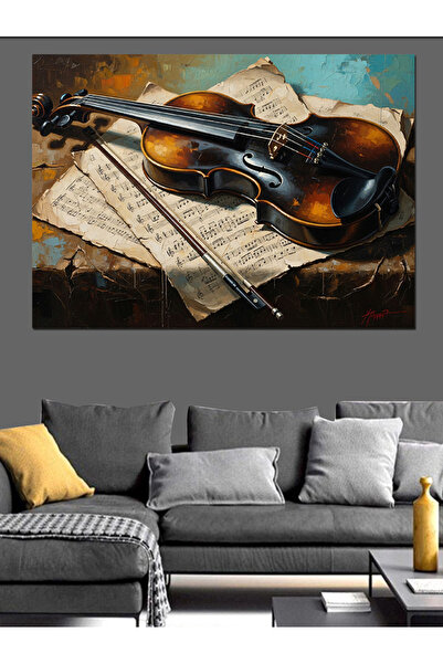 Artmeg Pânză decorativă clasică cu vioară veche pe note muzicale - Tablou din...