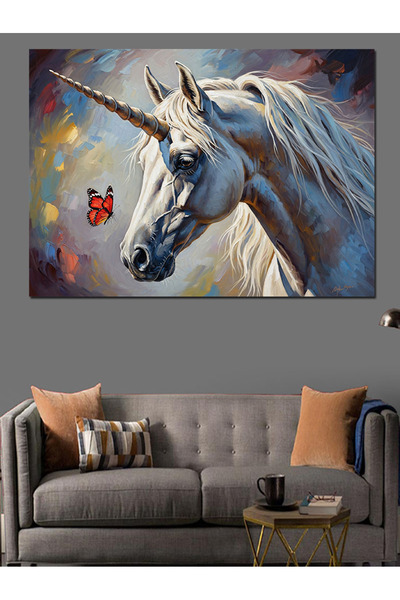 Artmeg Unicorn alb cu fluture zburător, pânză decorativă - Masă din lemn MDF